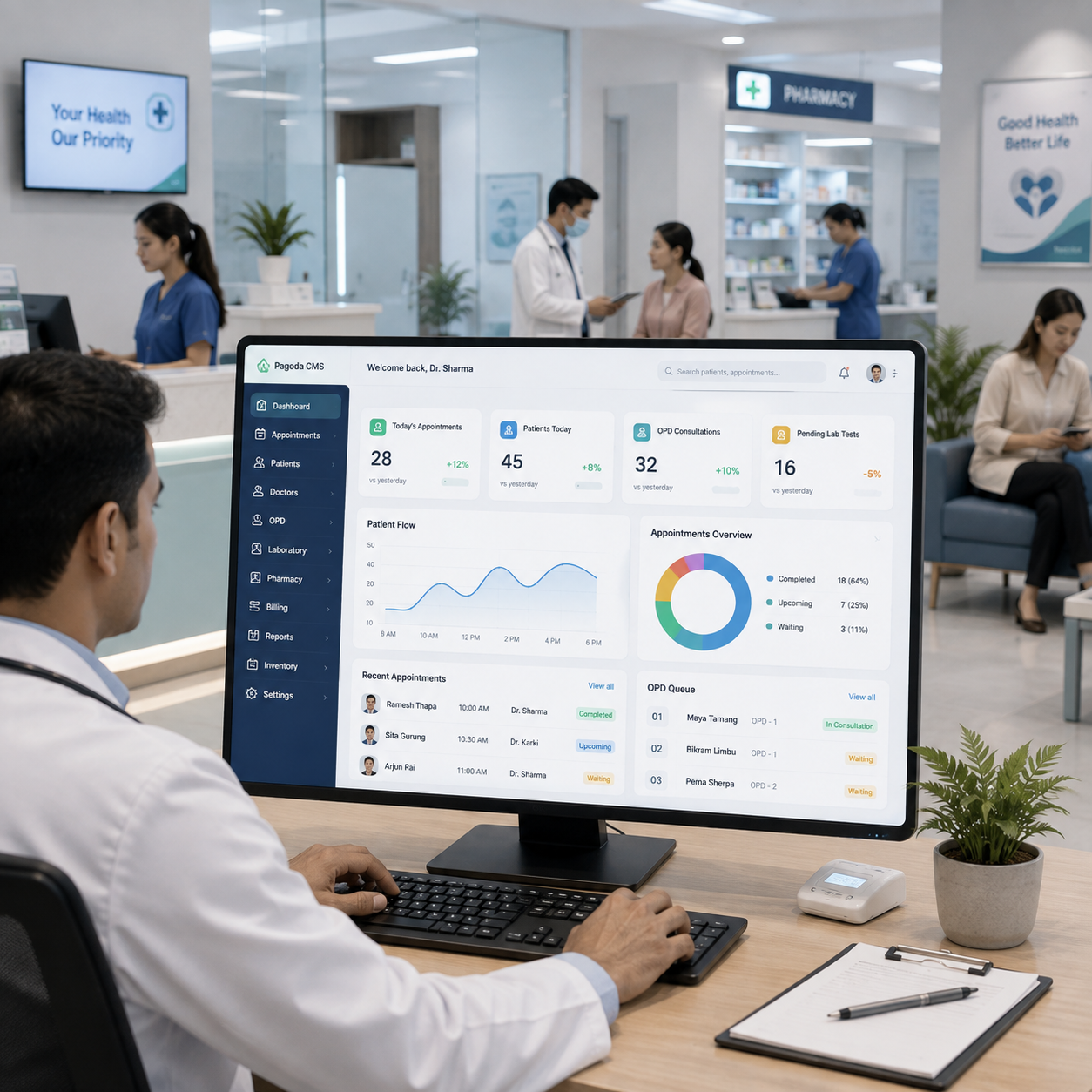 Doctor reviewing Pagoda CMS patient dashboard at clinic reception